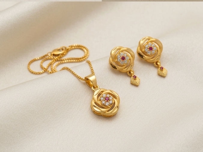 Gold-Plated Floral Swirl Pendant & Drop Earrings Jewellery Set