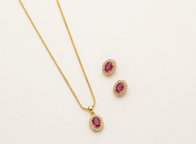 Gold-Plated Oval Ruby Red CZ Halo Pendant & Stud Earrings Set