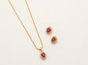 Gold-Plated Oval Ruby Red CZ Halo Pendant & Stud Earrings Set