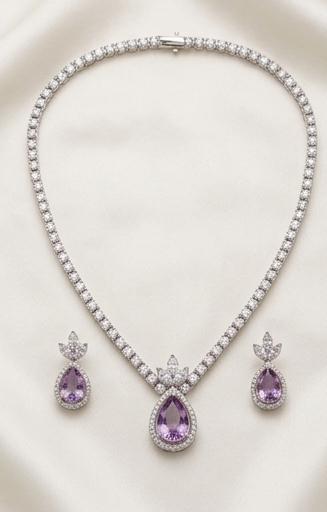 Silver-Plated Amethyst Purple Teardrop CZ Tennis Necklace & Earrings Set