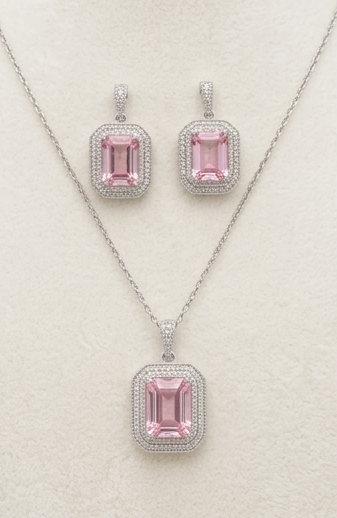 Elegant Emerald-Cut Pink Zircon Pendant & Earrings Jewellery Set