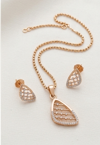 Rose Gold Geometric Diamond-Studded Pendant & Stud Earrings Jewellery Set