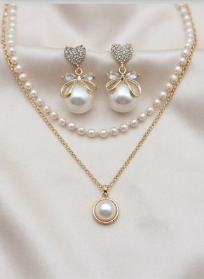 Gold Layered Pearl Necklace with Heart Bow Drop Earrings Set