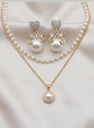 Gold Layered Pearl Necklace with Heart Bow Drop Earrings Set