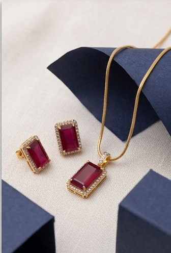 Gold-Plated Ruby Red Emerald-Cut Pendant & Stud Earrings Jewellery Set