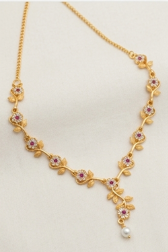Gold-Plated Floral Vine CZ Necklace Set with Ruby Stones & Pearl Drop