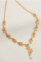 Gold-Plated Floral Vine CZ Necklace Set with Ruby Stones & Pearl Drop