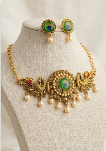 Antique Gold Peacock Feather Choker Necklace & Earrings Jewellery Set