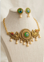 Antique Gold Peacock Feather Choker Necklace & Earrings Jewellery Set