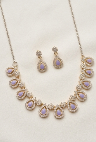 Gold-Plated Pastel Lavender Enamel Teardrop CZ Necklace & Earrings Set