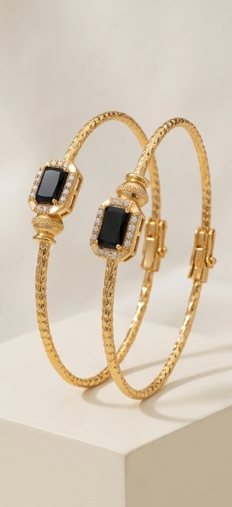 Gold-Plated Black Onyx Emerald-Cut Stone Bangle Set (Pack of 2 Kangan)