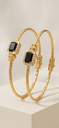 Gold-Plated Black Onyx Emerald-Cut Stone Bangle Set (Pack of 2 Kangan)