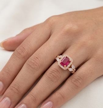 Rose Gold Emerald-Cut Ruby Red CZ Halo Ring with Leaf Shoulders