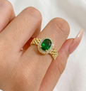 Gold-Plated Oval Emerald Green CZ Halo Ring with Mesh Textured Band
