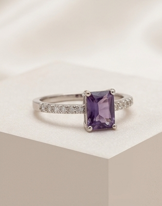 Silver-Plated Emerald-Cut Amethyst Purple CZ Solitaire Ring with Pavé Band