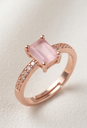 Rose Gold Pastel Pink Rectangular Solitaire Ring with Pavé Band