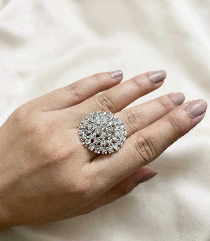 Silver-Plated Cubic Zirconia Cluster Cocktail Statement Ring for Women