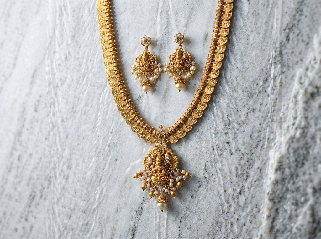Antique Gold Plated Goddess Lakshmi Kasu Mala Long Haram Necklace Set with Matching Jhumkas