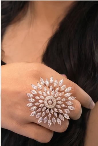 Rose Gold Marquise CZ Floral Sunburst Statement Ring for Women