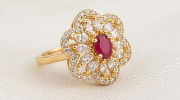 Gold-Plated Ruby Red Oval CZ Floral Cocktail Ring for Women