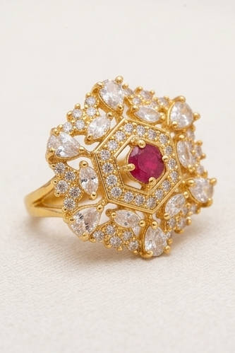 Gold-Plated Hexagonal Ruby Red CZ Statement Cocktail Ring