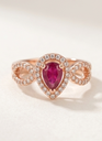 Rose Gold Teardrop Ruby Red CZ Halo Ring with Infinity Twist Band