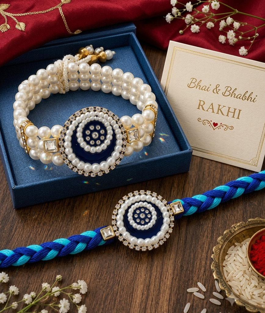 Premium Designer Bhaiya Bhabhi Rakhi Set – Pearl Lumba & Rakhi Set for Brother and Bhabhi (Blue)
