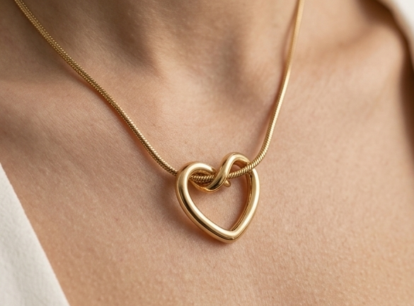 Gold-Plated Interlocking Knot Heart Pendant Necklace with Snake Chain