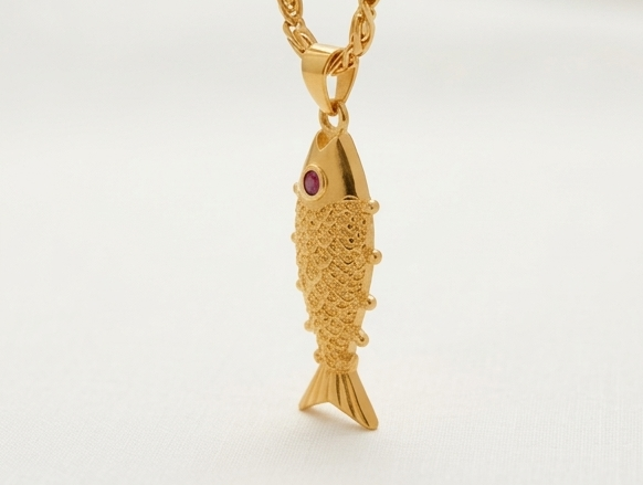 Gold-Plated Textured Fish Pendant Necklace with Curb Chain
