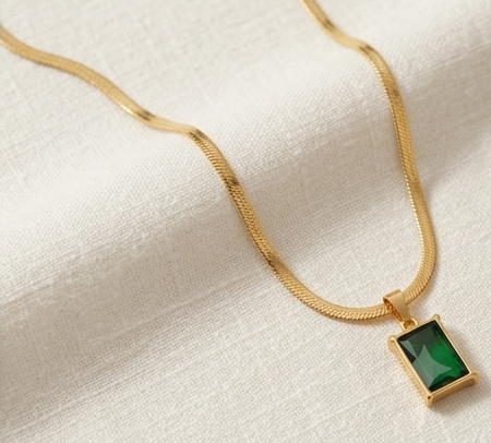 Gold-Plated Emerald-Cut Green Gemstone Pendant Necklace with Herringbone Chain