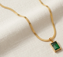 Gold-Plated Emerald-Cut Green Gemstone Pendant Necklace with Herringbone Chain
