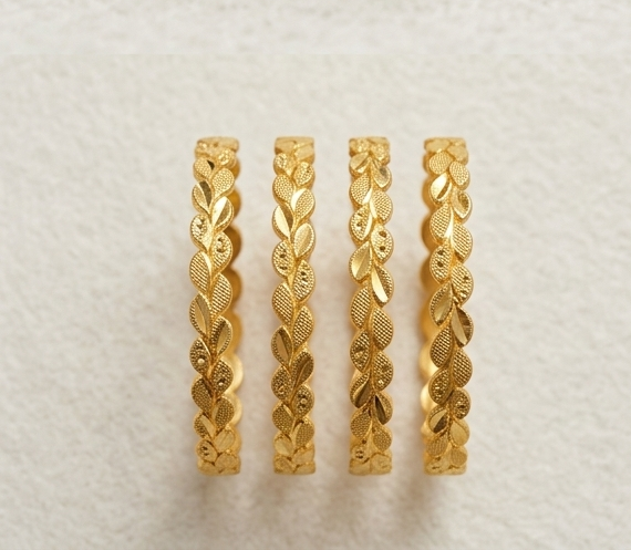 Gold-Plated Leaf Pattern Textured Bangle Set (Set of 4) (2.2)