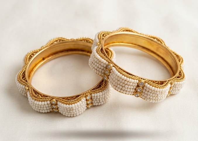Gold-Plated Scalloped Pearl Bangle Set (Pack of 2 Kangan) (2.2)