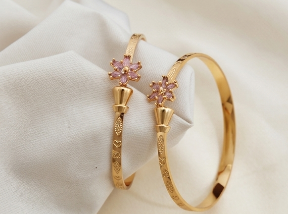 Gold-Plated Pink CZ Floral Cluster Bangle Set (Pack of 2) (2.4)