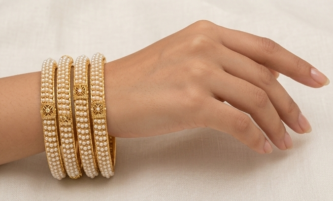Gold-Plated Pearl Studded Bangle Set (Pack of 4) (2.2)