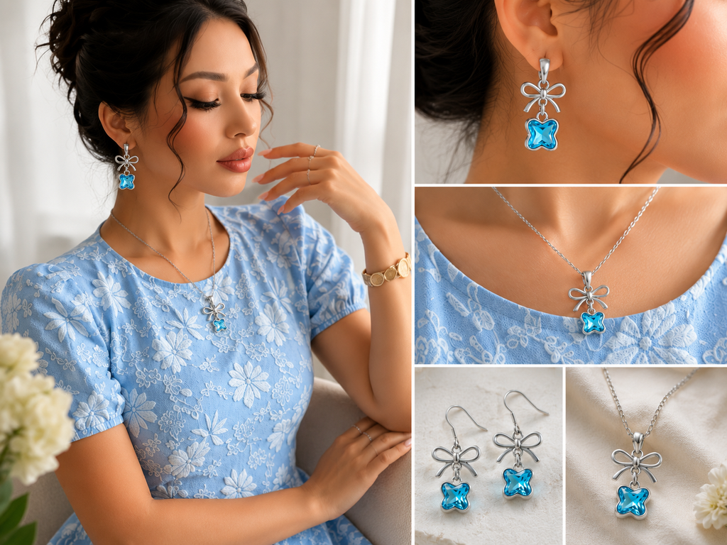 Sky Blue Floral Midi Dress & Crystal Bow Jewelry Combo Sets (XS)