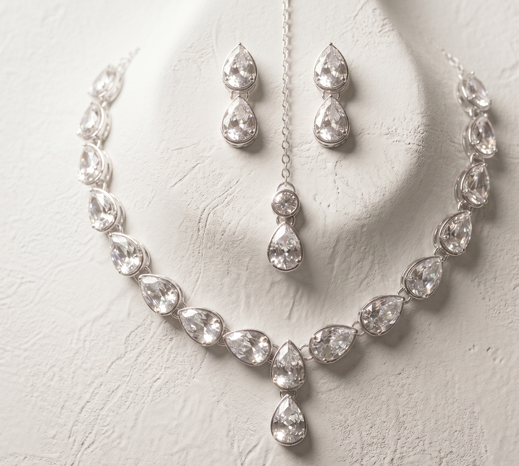 Silver Plated Pear Cut American Diamond Necklace Set with Matching Earrings and Maang Tikka